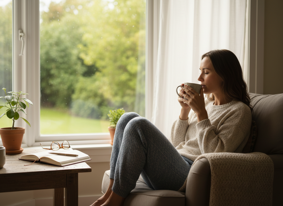 person sitting peacefully by a window with a cup of tea, journaling, natural light, conveying calm and reduced anxiety